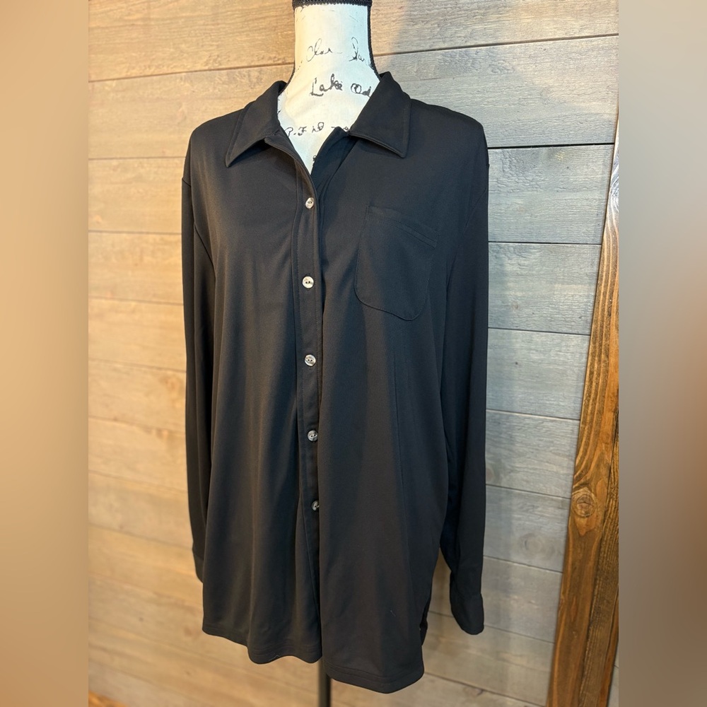 Sag Harbor Black Button-Up Blouse Women's XL Long Sleeve 100% Polyester Top